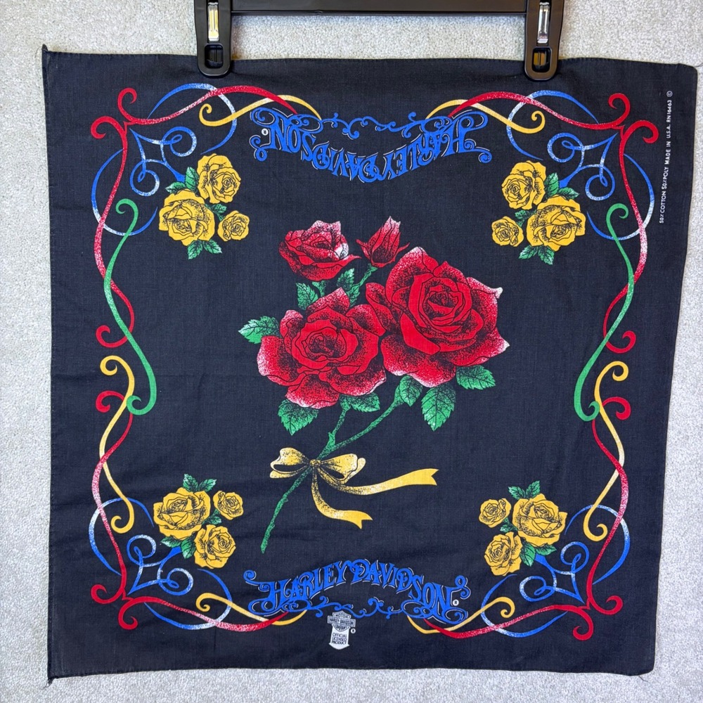 Vintage Genuine Harley Davidson Bandana Faded Black Red Yellow Roses Floral USA